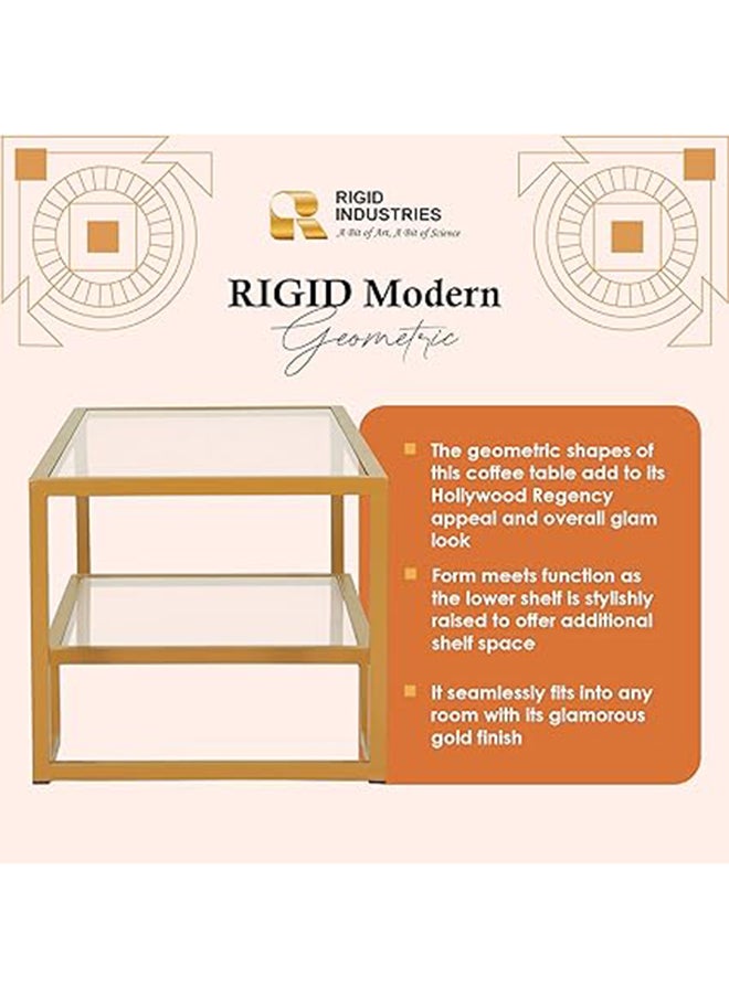 RIGID Steel Geometric Coffee Table with Storage Shelf & Glass Top Gold 43.5x114x50cm  - Image 2