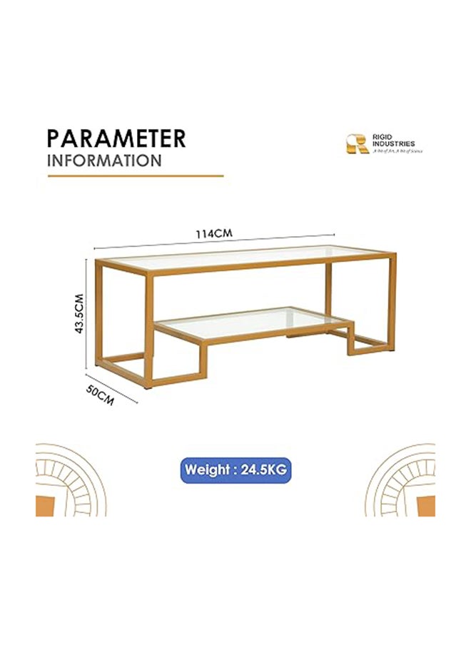 RIGID Steel Geometric Coffee Table with Storage Shelf & Glass Top Gold 43.5x114x50cm  - Image 4