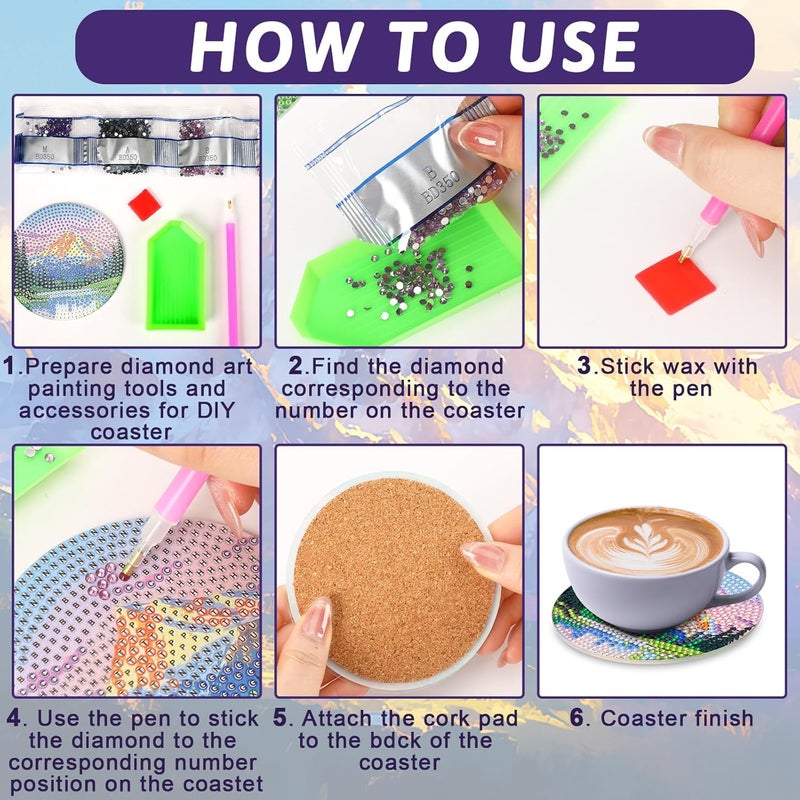 يو بينز 8 قطع أغطية فن الماس UPINS مع حامل، طقم أغطية لوحات الماس DIY للمناظر الطبيعية، أغطية مشروبات لهدايا عيد الميلاد، لوازم حرف للمبتدئين والكبار - Image 3