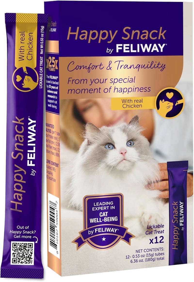 Feliway Happy Snack, Delicious, Lickable, Squeezable Purée Cat Treats for a Daily Calming Routine, Made with Real Chicken, 12 Pack (0.5oz Tubes) - Image 1