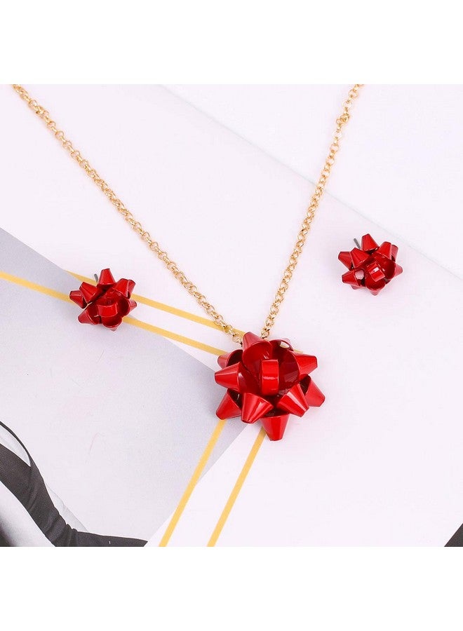 Christmas Necklace Earring Set Statement Gift Bow Pendant Necklace Post Stud Earring Set Christmas Jewelry Gifts For Women Girls (Red)