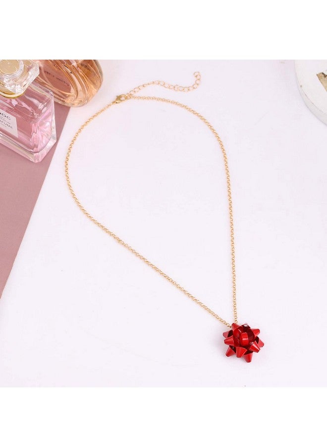 Christmas Necklace Earring Set Statement Gift Bow Pendant Necklace Post Stud Earring Set Christmas Jewelry Gifts For Women Girls (Red)