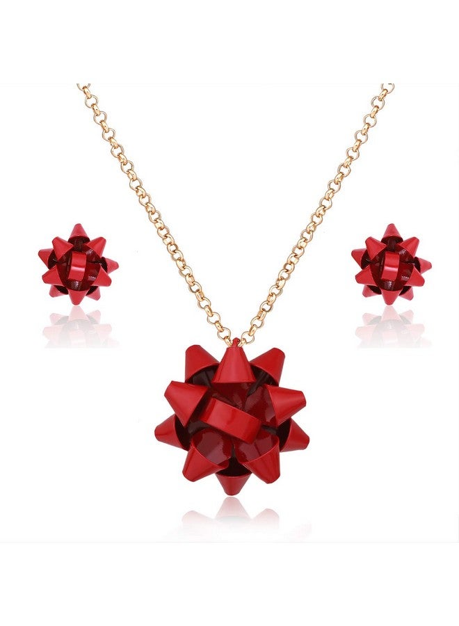 Christmas Necklace Earring Set Statement Gift Bow Pendant Necklace Post Stud Earring Set Christmas Jewelry Gifts For Women Girls (Red)