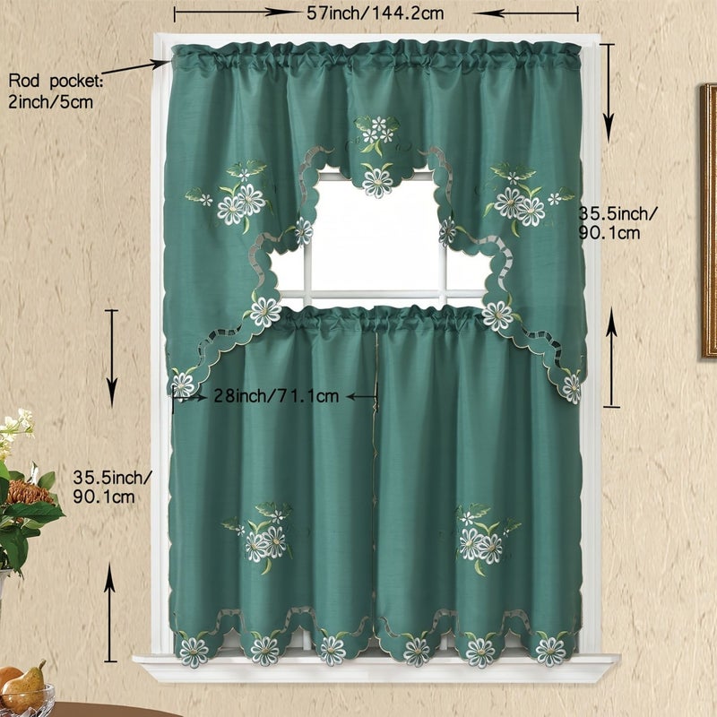 Teal Green Cutwork Floral Kitchen Curtain Set Swag Valance And Tier For Kitchen Restaurant Living Room Rod Pocket Fits Rod Diameter Less Than 1 18 Inch 57x35 5 Inch One Piece Plus 28x35 5 Inch Two Pieces - Image 3