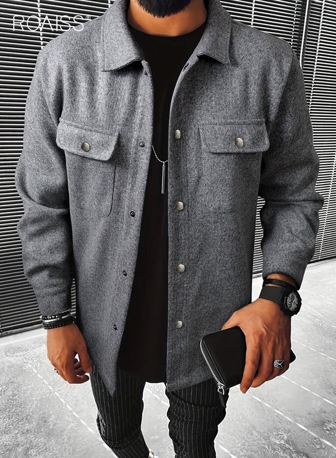 رويس جاكيت رجالي ربيعي وخريفي بياقة واسعة وأزرار وأكمام طويلة وجيوب متعددة وجاكيت عمل كاجوال من قماش مخملي غامق مناسب للارتداء اليومي - Image 1