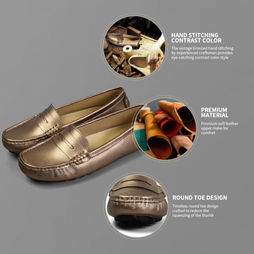 Artisure Women's Classic Handsewn Metallic Rose Gold Leather Penny Loafers Driving Moccasins Casual Boat Shoes Slip On Fashion Office Comfort Flats 10.5 M US SKS-1221MGJ105 - Image 3
