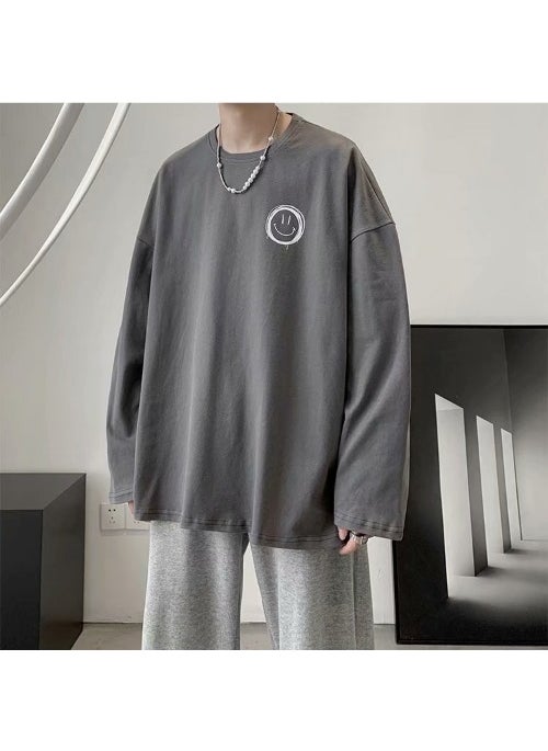 Generic - Versatile2021 Spring Autumn Thin Long Sleeve T-Shirt For Men Japanese Harajuku Style Smiley Face Hong Kong Trendy Loose-Fit Tee Black - Image 1