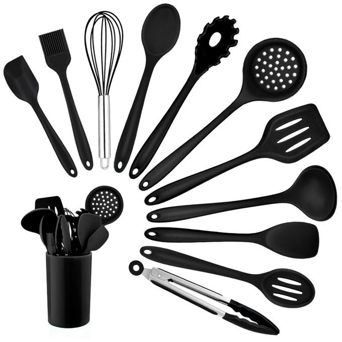 KITCHEN UTENSIL SET 12 PIECE COOKING UTENSILS SILICONE KITCHEN UTENSILS SET WITH HOLDER HEAT RESISTANT KITCHEN TOOLS INCLUDE SPOONS TURNER SPATULA LADLE TONG FOR NONSTICK COOKWARE BLACK