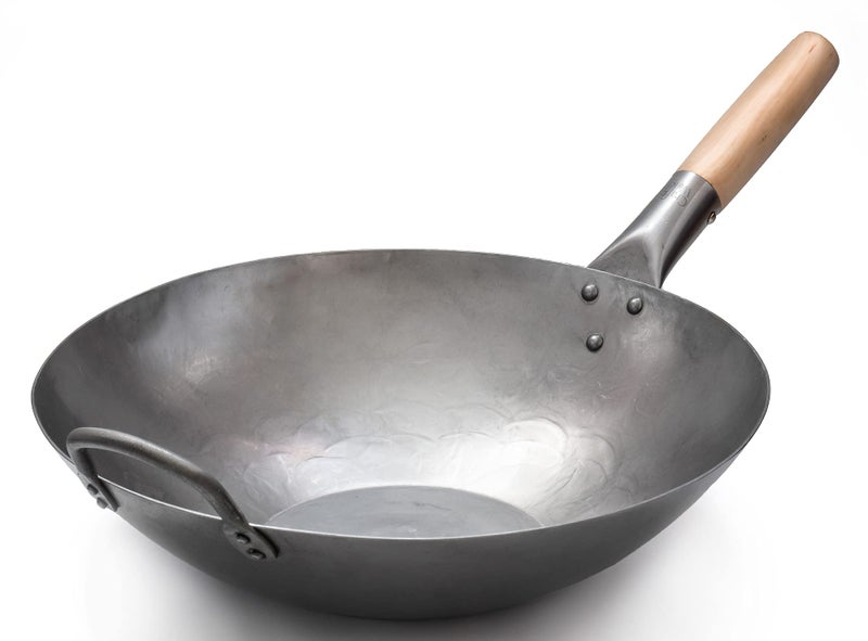 Craft Wok Flat Hand Hammered Carbon Steel Pow Wok with Wooden and Steel Helper Handle 14 Inch Flat Bottom  731W316