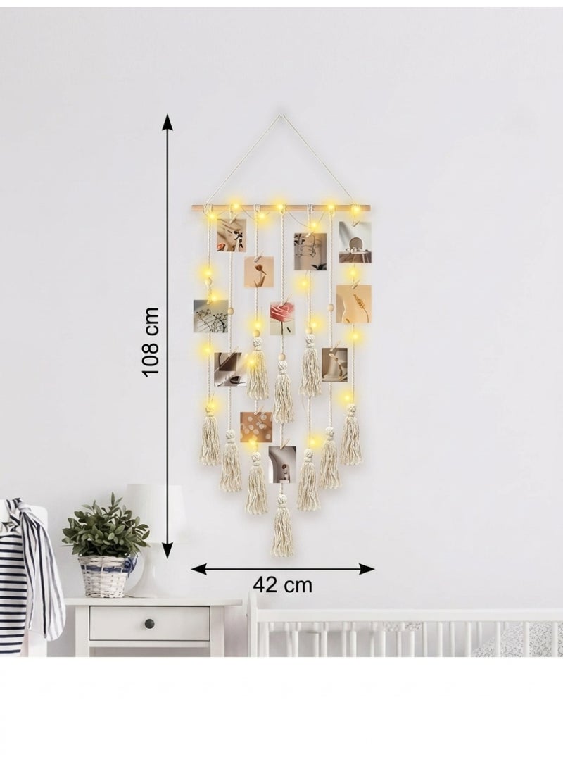 Antikiano Handmade Macramé Photo Display with 30 Wooden Clips, LED Fairy Lights and Wall Hook – 42 × 108 cm - Image 5