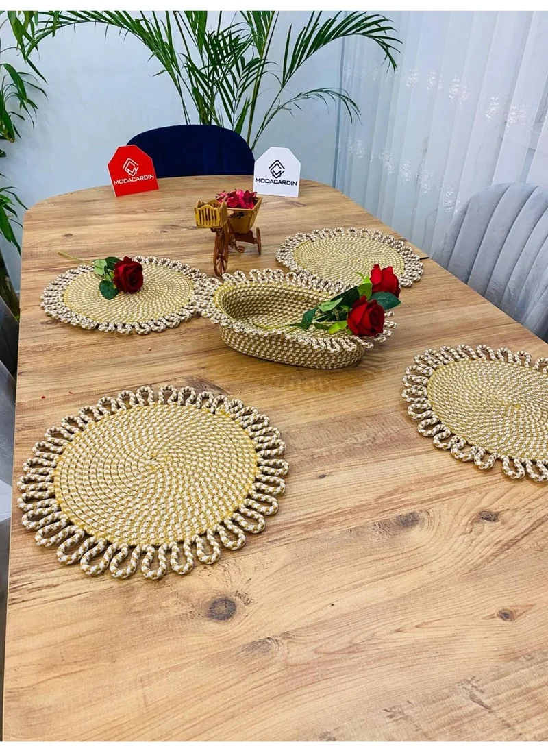 BDZ Deri BDZ Leather Wicker Jute Presentation Plate Mat American Service and Basket 5 Pieces