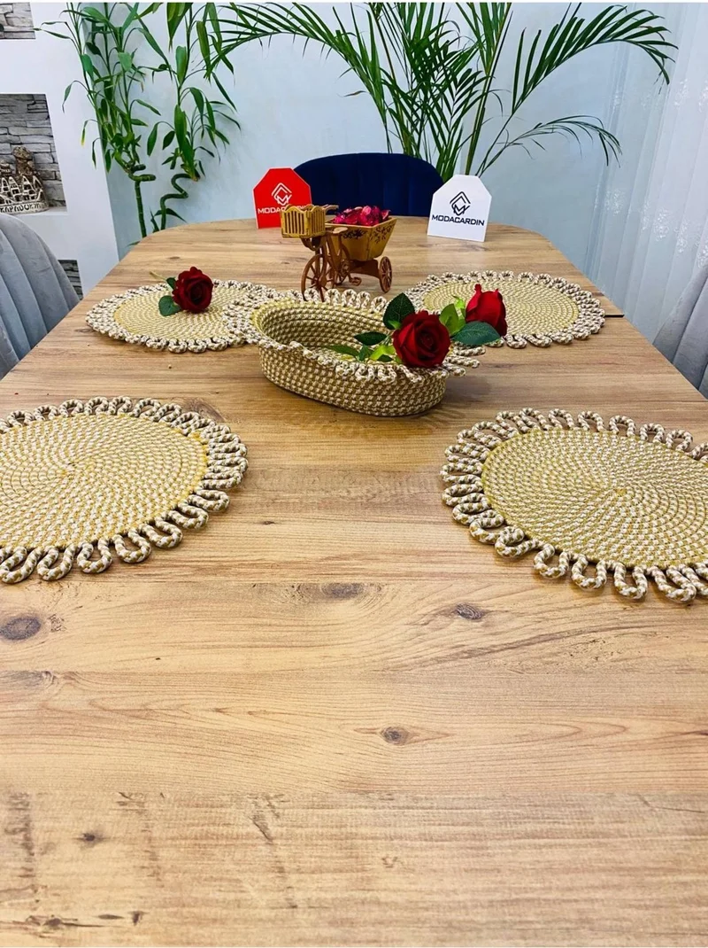 BDZ Deri BDZ Leather Wicker Jute Presentation Plate Mat American Service and Basket 5 Pieces