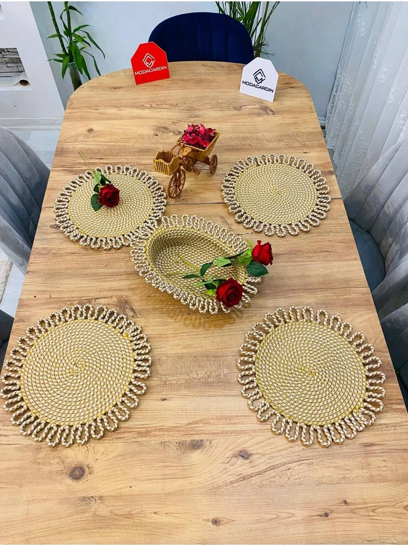 BDZ Deri BDZ Leather Wicker Jute Presentation Plate Mat American Service and Basket 5 Pieces