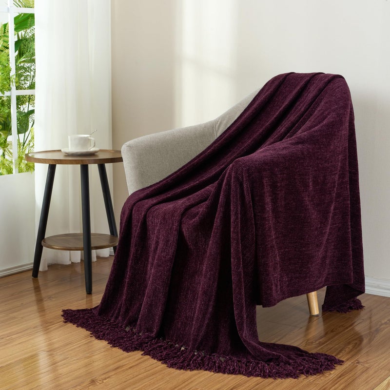 GINAMUSE Chenille Throw Blanket for Couch with Tassels,50"X60" Soft Cozy Lightweight Knitted Boho Decorative Blankets for Bed and Sofa,Aubergine - Image 5