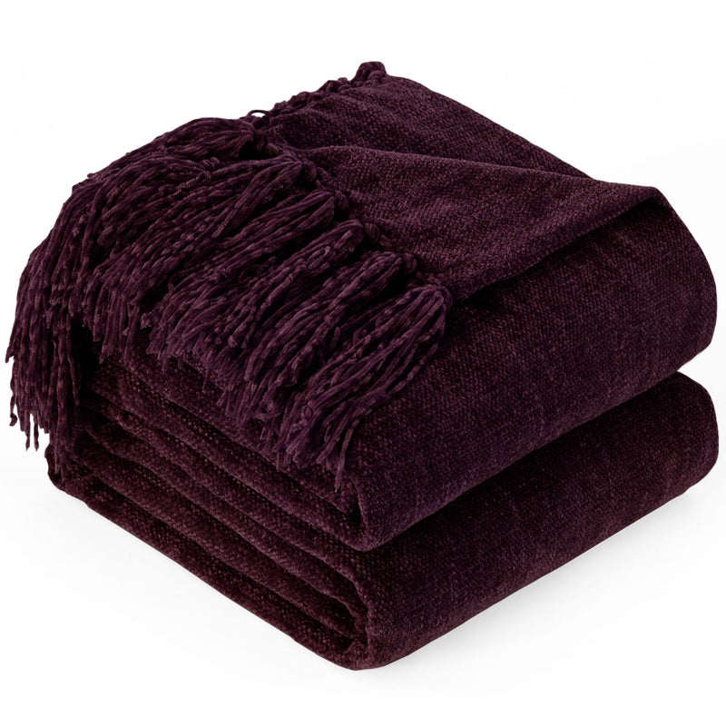 GINAMUSE Chenille Throw Blanket for Couch with Tassels,50"X60" Soft Cozy Lightweight Knitted Boho Decorative Blankets for Bed and Sofa,Aubergine - Image 1