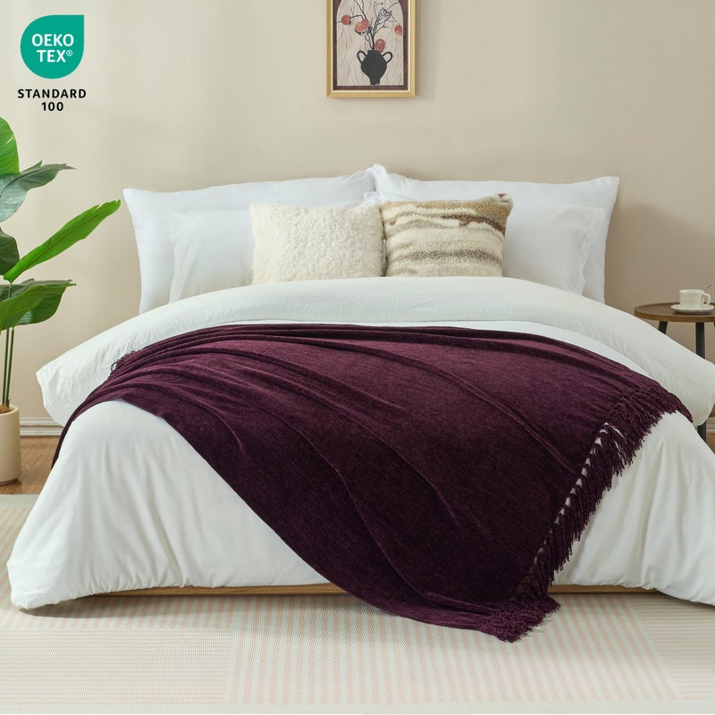 GINAMUSE Chenille Throw Blanket for Couch with Tassels,50"X60" Soft Cozy Lightweight Knitted Boho Decorative Blankets for Bed and Sofa,Aubergine - Image 2