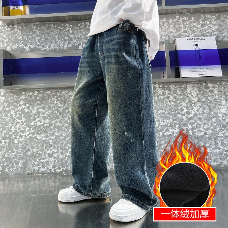 Boys' Jeans Style Wide-Leg Pants For Older Boys, Children'S Winter Straight-Leg Fleece-Lined Trousers, Stylish - Image 1