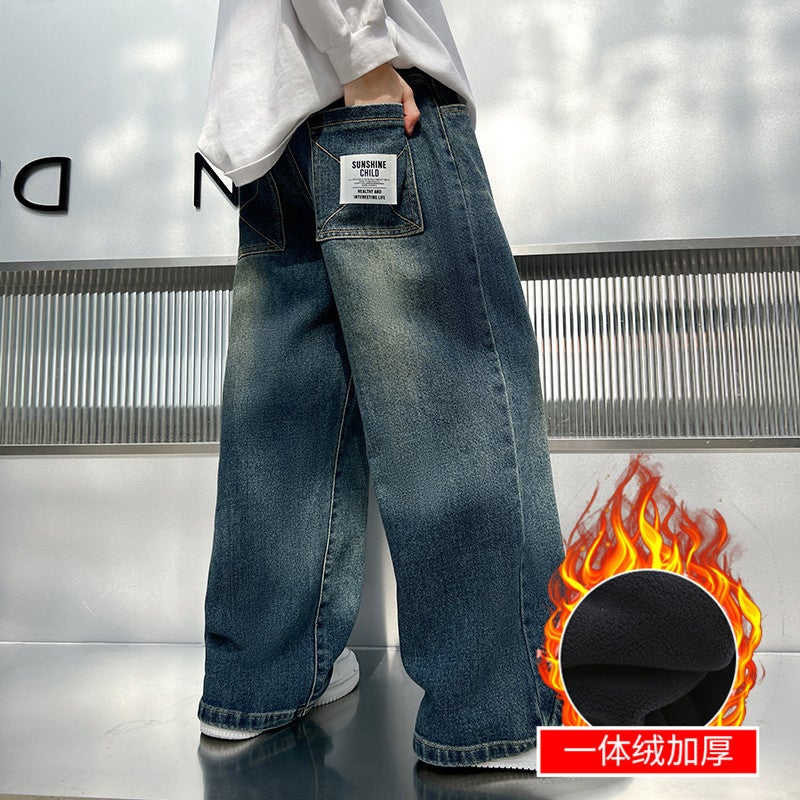 Boys' Jeans Style Wide-Leg Pants For Older Boys, Children'S Winter Straight-Leg Fleece-Lined Trousers, Stylish - Image 3