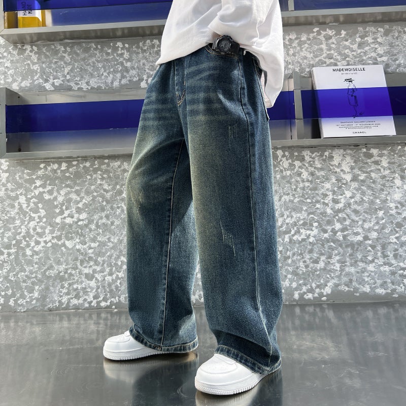 Boys' Jeans Style Wide-Leg Pants For Older Boys, Children'S Winter Straight-Leg Fleece-Lined Trousers, Stylish - Image 2