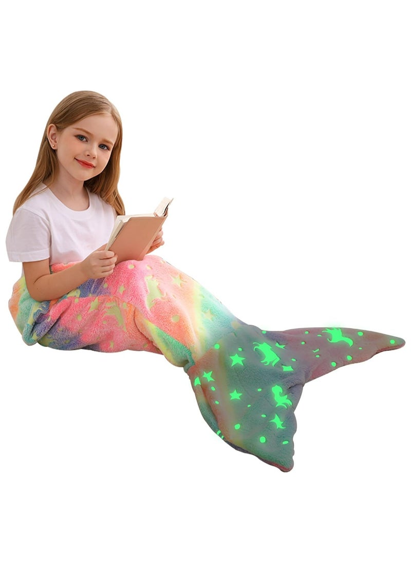 CMGTYYD Kids Mermaid Tail Blanket, Mermaid Tail Blankets Glow in The Dark, Flannel Mermaid Blanket, Mermaid Tail Wearable Blanket, Luminous Unicorn Super Soft Tie Dye Girls Toys, Girls Toddlers Mermaid, Green  - Image 1