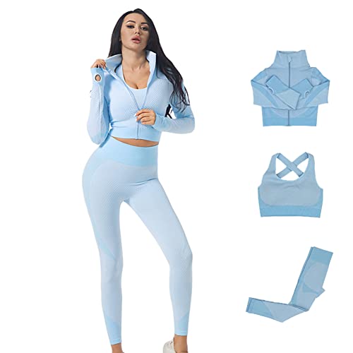 Veriliss Women's 3pcs Seamless Outfits Workout Sets,Gym Clothes Yoga Sportswear Leggings and Stretch Sports Bra Gym jumpsuits Clothes Set (Light Blue, L) - Image 1