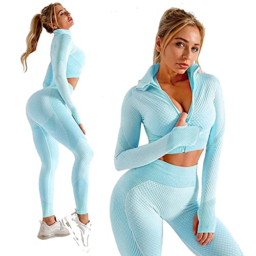 Veriliss Women's 3pcs Seamless Outfits Workout Sets,Gym Clothes Yoga Sportswear Leggings and Stretch Sports Bra Gym jumpsuits Clothes Set (Light Blue, L) - Image 2