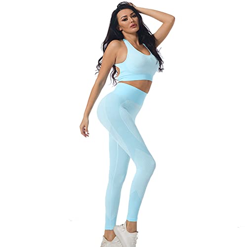Veriliss Women's 3pcs Seamless Outfits Workout Sets,Gym Clothes Yoga Sportswear Leggings and Stretch Sports Bra Gym jumpsuits Clothes Set (Light Blue, L) - Image 4
