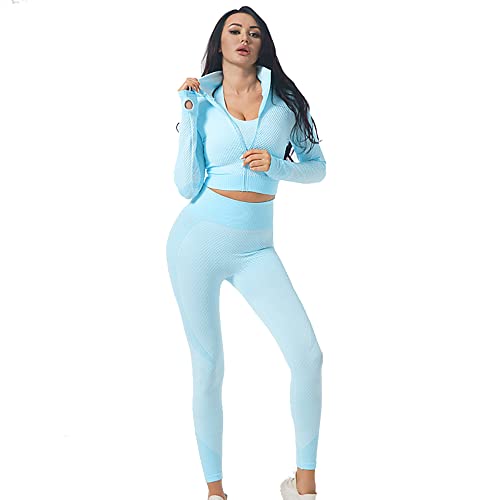Veriliss Women's 3pcs Seamless Outfits Workout Sets,Gym Clothes Yoga Sportswear Leggings and Stretch Sports Bra Gym jumpsuits Clothes Set (Light Blue, L) - Image 5