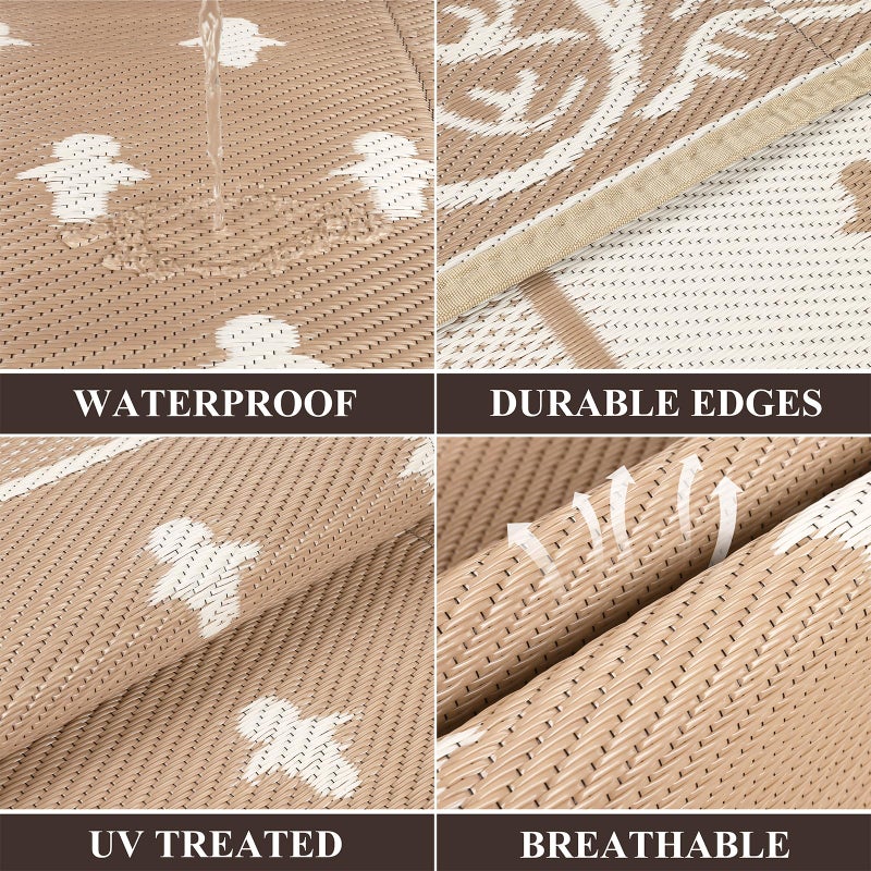 Pauwer Waterproof Outdoor Rug 6x9, Reversible Plastic Straw Patio Camping Rug, Indoor Outdoor RV Mat Carpet for Deck, Camper, Porch, Balcony, Backyard, Picnic, Bordered Beige - Image 3