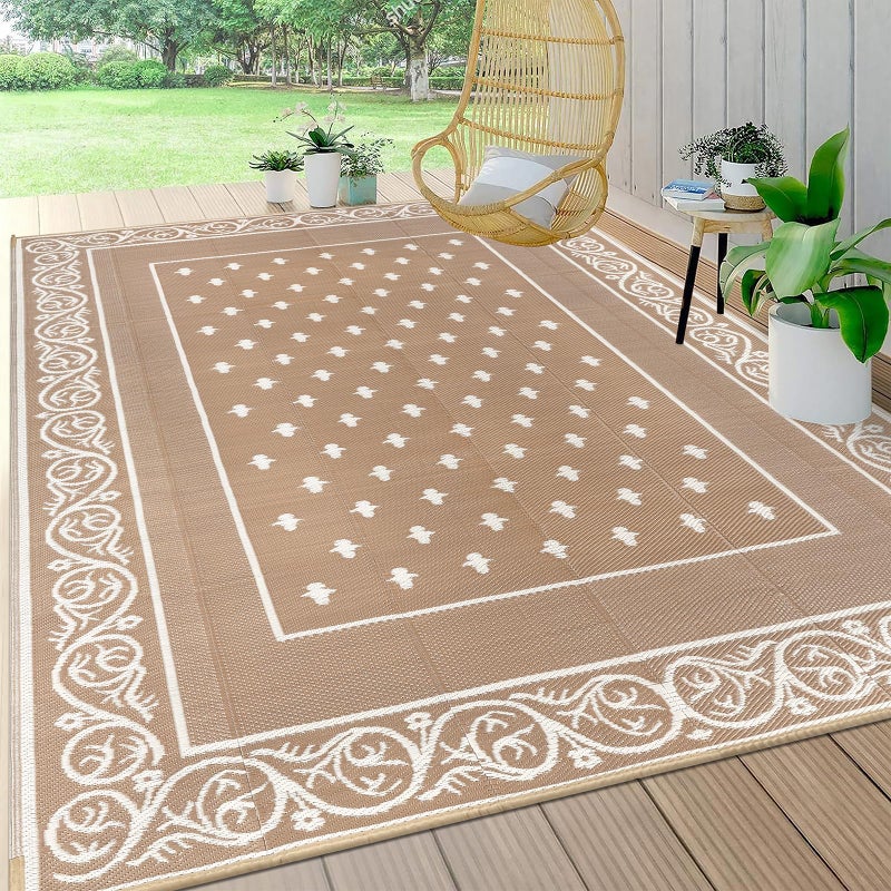 Pauwer Waterproof Outdoor Rug 6x9, Reversible Plastic Straw Patio Camping Rug, Indoor Outdoor RV Mat Carpet for Deck, Camper, Porch, Balcony, Backyard, Picnic, Bordered Beige - Image 1