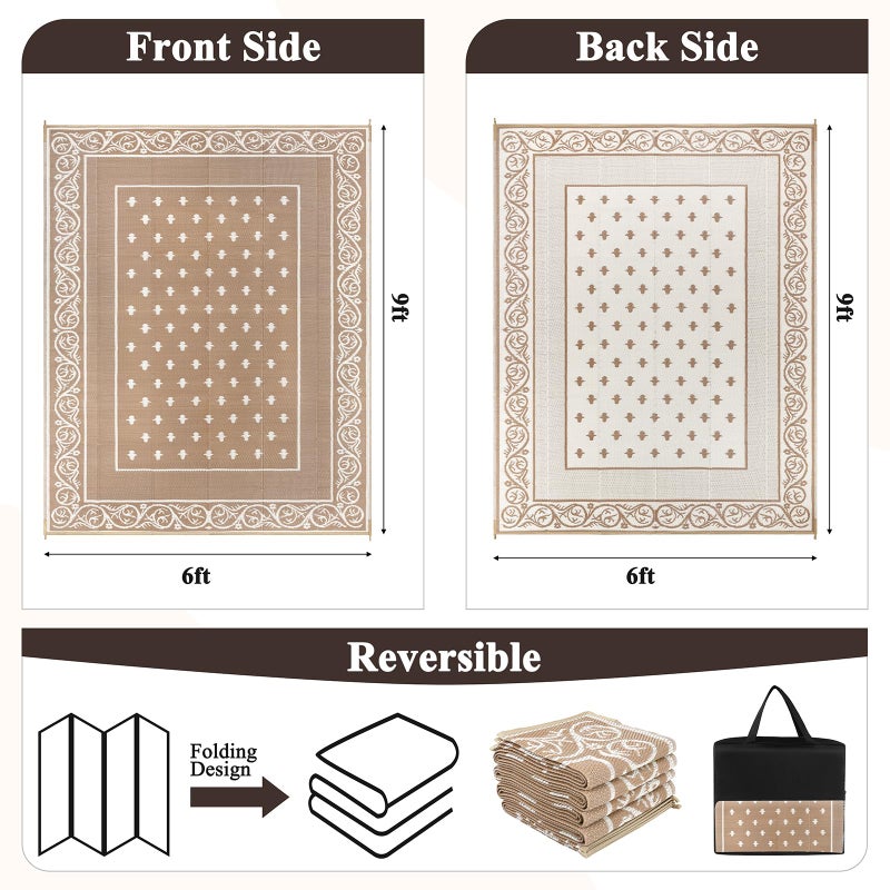 Pauwer Waterproof Outdoor Rug 6x9, Reversible Plastic Straw Patio Camping Rug, Indoor Outdoor RV Mat Carpet for Deck, Camper, Porch, Balcony, Backyard, Picnic, Bordered Beige - Image 2