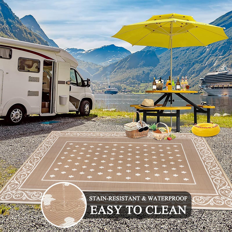 Pauwer Waterproof Outdoor Rug 6x9, Reversible Plastic Straw Patio Camping Rug, Indoor Outdoor RV Mat Carpet for Deck, Camper, Porch, Balcony, Backyard, Picnic, Bordered Beige - Image 5