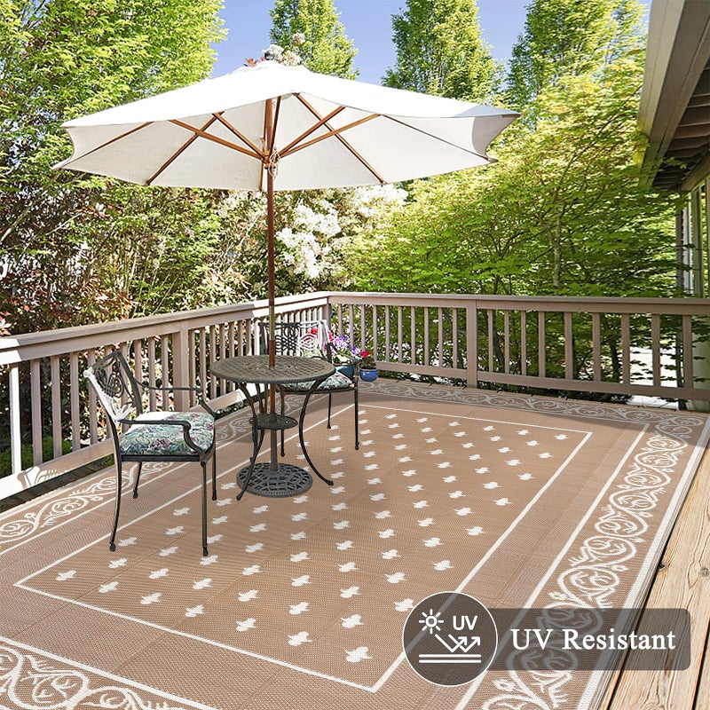 Pauwer Waterproof Outdoor Rug 6x9, Reversible Plastic Straw Patio Camping Rug, Indoor Outdoor RV Mat Carpet for Deck, Camper, Porch, Balcony, Backyard, Picnic, Bordered Beige - Image 4