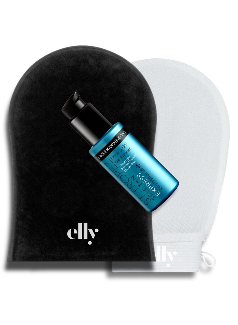 Elly ST.TROPEZ Self Tan kit - Express Mini Lotion 35ml + ELLY Application + ELLY Exfoliating Gloves Mitt - For Women, Men (Lotion + 2 Gloves) - Image 1