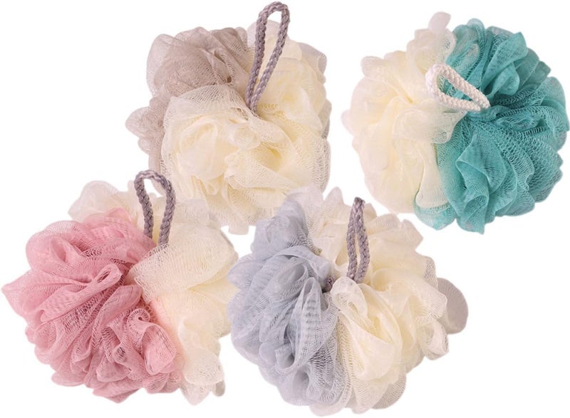 4pcs Dual-Color Bath Loofah Shower Pouf Set, Comfortable Skin Body Scrubbers with Rich Bubbles, Portable Bath Sponge for Household Shower and Body Exfoliating - Image 1