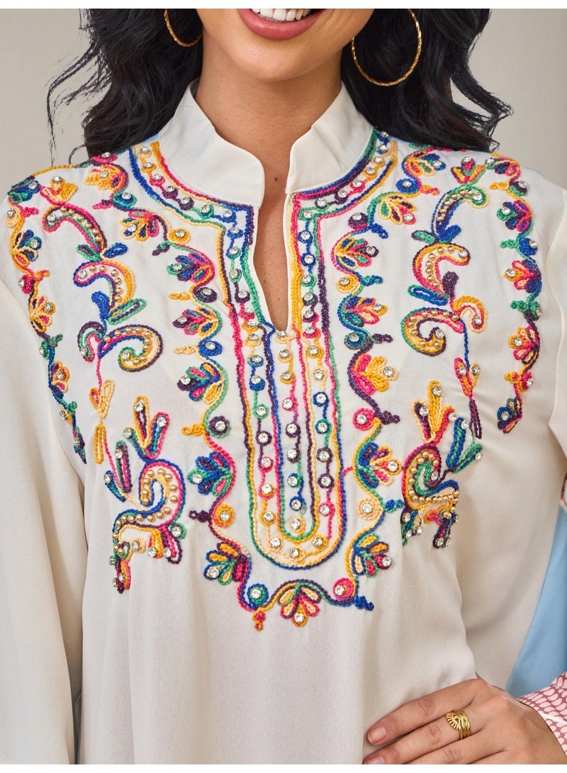 Kaiyuede Abaya Daily Eid Beige Multicolor Embroidery Patchwork Polyester Stand Collar Full Coverage S-XL - Image 3