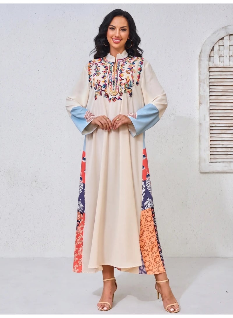 Kaiyuede Abaya Daily Eid Beige Multicolor Embroidery Patchwork Polyester Stand Collar Full Coverage S-XL - Image 1