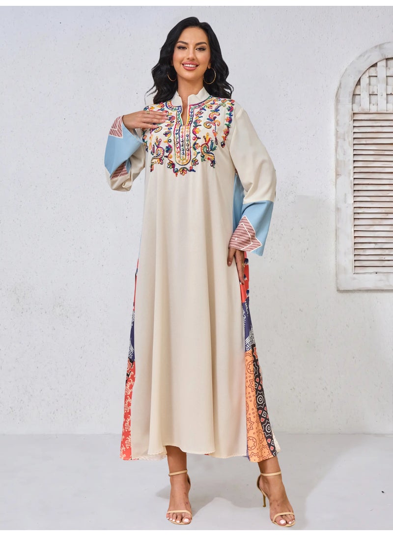 Kaiyuede Abaya Daily Eid Beige Multicolor Embroidery Patchwork Polyester Stand Collar Full Coverage S-XL - Image 4