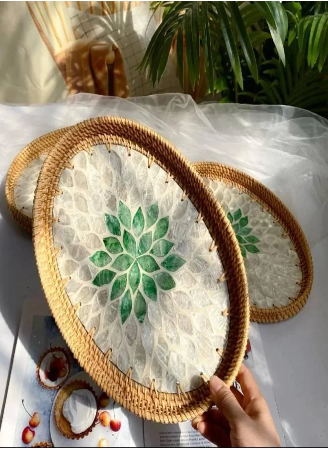 كويزيرا Natural Sea Shell Handwoven Rattan Oval Serving Tray-Green and white 3 PC SET