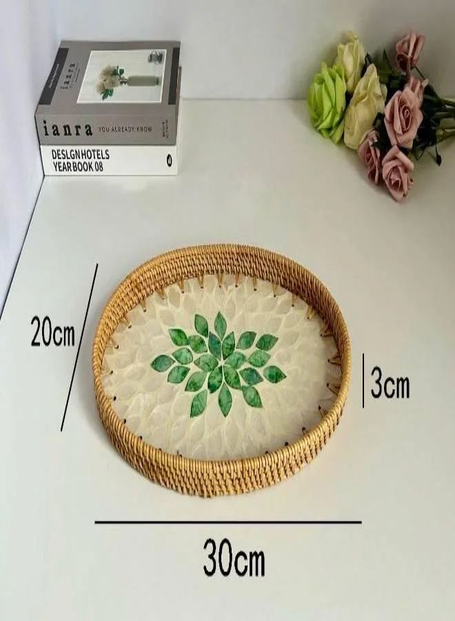 Casa Quesera Natural Sea Shell Handwoven Rattan Oval Serving Tray-Green and white 3 PC SET