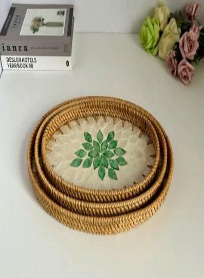 Casa Quesera Natural Sea Shell Handwoven Rattan Oval Serving Tray-Green and white 3 PC SET