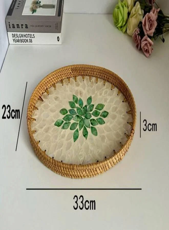 Casa Quesera Natural Sea Shell Handwoven Rattan Oval Serving Tray-Green and white 3 PC SET