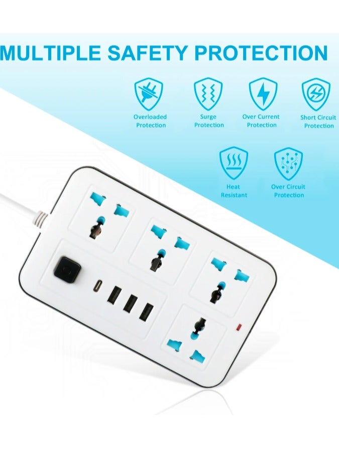 سلك تمديد عالمي من مع 4 مقابس طاقة و3 فتحات USB، مشترك طاقة 4 اتجاهات مع فتحة شحن USB من النوع C PD، وصلة تمديد 3 متر - أبيض (4S-3U-1PD)  - Image 1