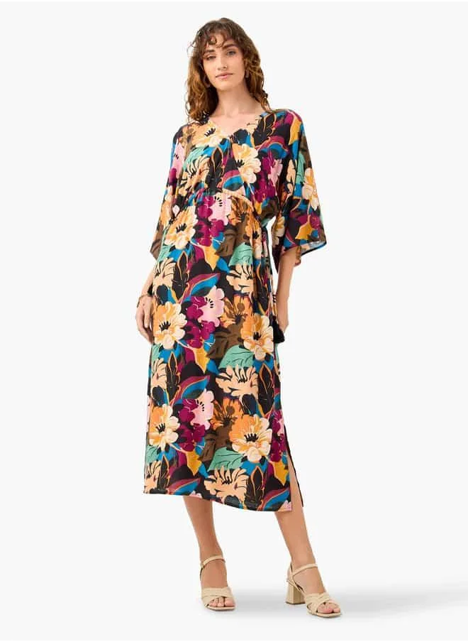فاف Floral Print Dress with V-neck and Tie-Up Detail