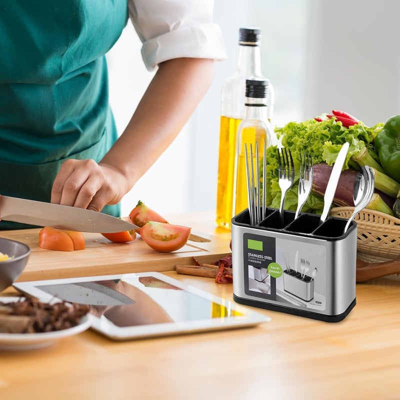 Stainless Steel Cutlery Holder with 4 Compartments, Countertop Utensil Organiser, Large Capacity, Water-Draining, 18x8.6x13cm - Image 5