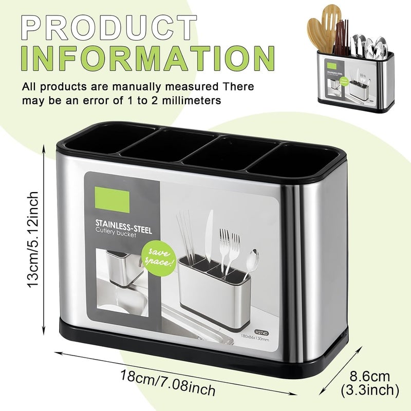Stainless Steel Cutlery Holder with 4 Compartments, Countertop Utensil Organiser, Large Capacity, Water-Draining, 18x8.6x13cm - Image 3