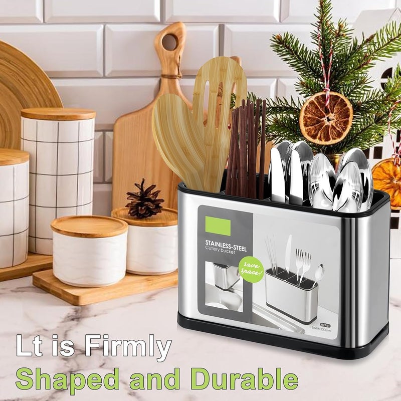 Stainless Steel Cutlery Holder with 4 Compartments, Countertop Utensil Organiser, Large Capacity, Water-Draining, 18x8.6x13cm - Image 2