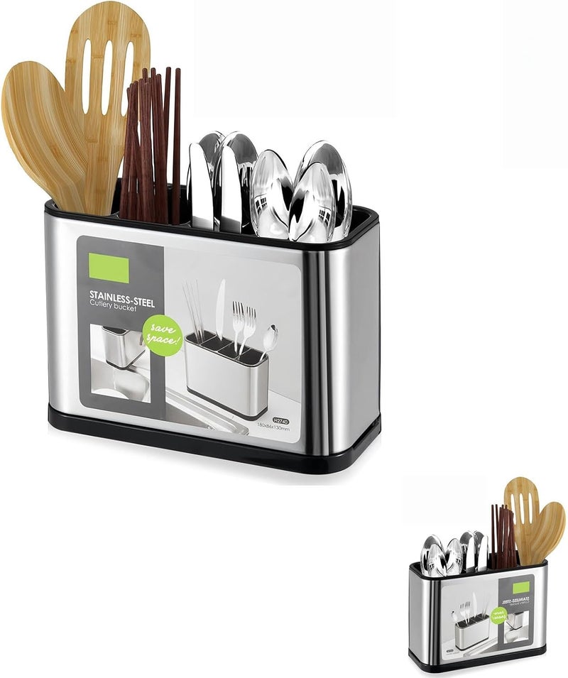 Stainless Steel Cutlery Holder with 4 Compartments, Countertop Utensil Organiser, Large Capacity, Water-Draining, 18x8.6x13cm - Image 1