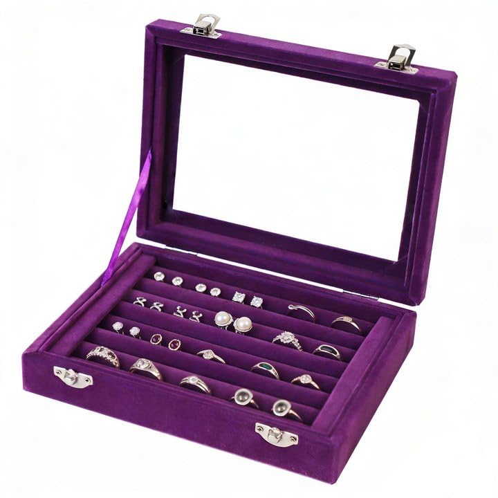 EONGOA Jewelry Box Rings Organizer Tray 7 Slots Velvet Jewelry Earring Storage Box With Transparent Lid Jewelry Display Case for Girls Women (Purple) - Image 1