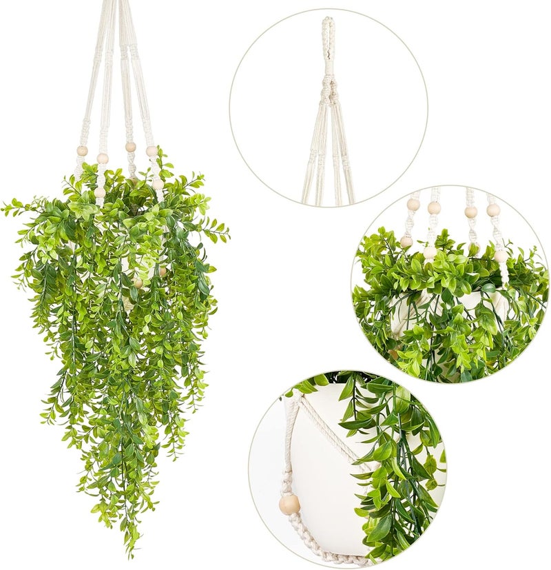 Mkono Fake Hanging Plant with Pot, Artificial Plants for Home Decor Indoor Macrame Plant Hanger with Fake Vines Faux Hanging Planter Greenery for Bedroom Bathroom Office Decoration - Image 4